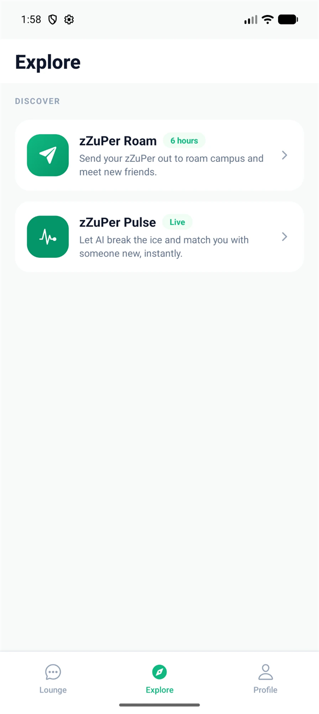 The Explore tab in the zZuP! app, listing zZuPer Roam and zZuPer Pulse