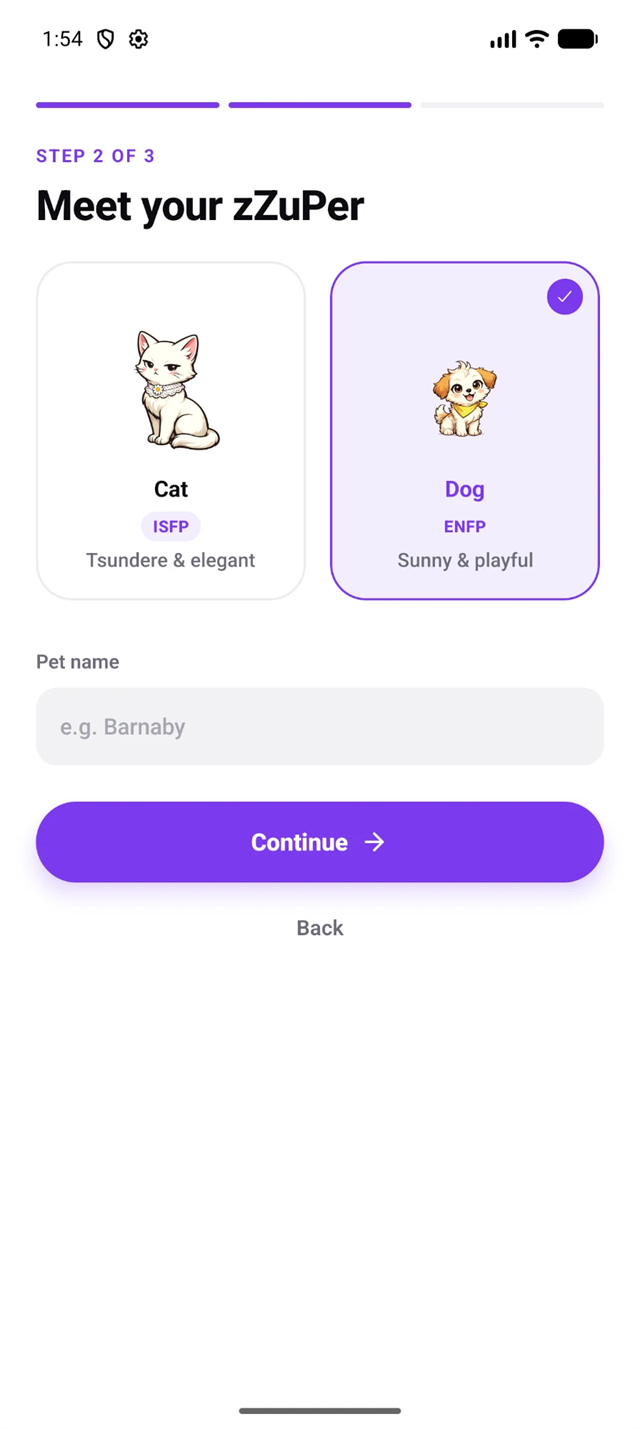 Choosing your zZuPer during sign-up, each breed labelled with its MBTI type