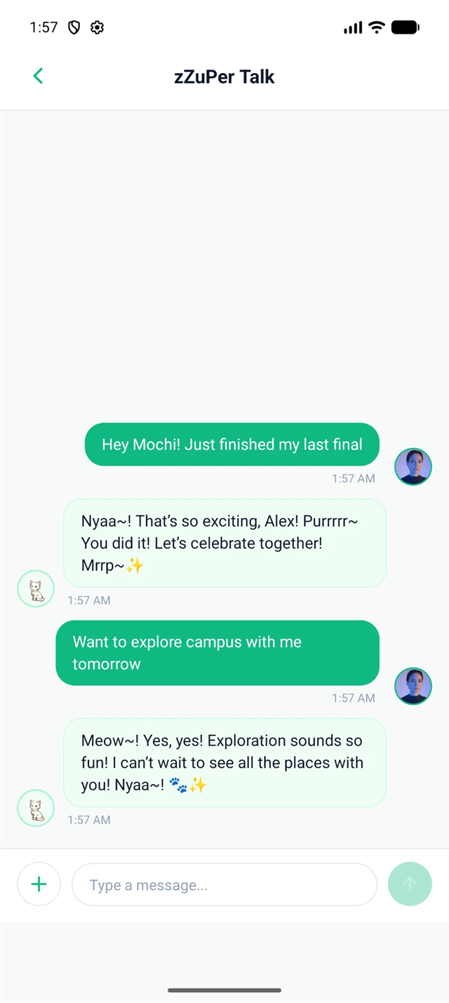 zZuPer Talk — a student chatting with their AI pet Mochi